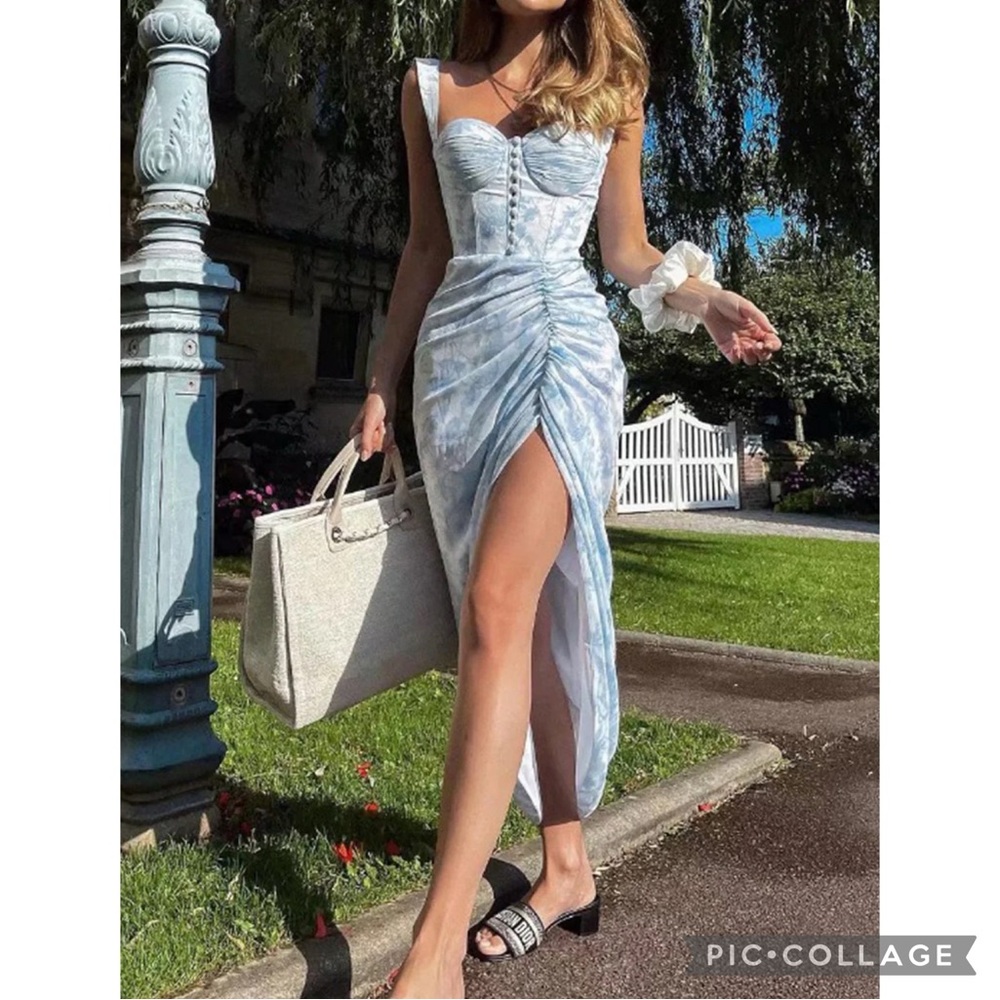 Commense Floral Asymmetrical Hem Ruched Bustier Button front Midi Corset Dress